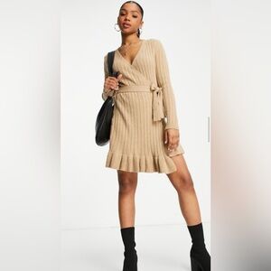 Elegant Tan Ribbed Wrap Dress